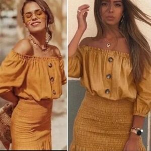 ZARA Rustic Linen Blend Off The Shoulder Smocked Mini Dress In Yellow Mustard
